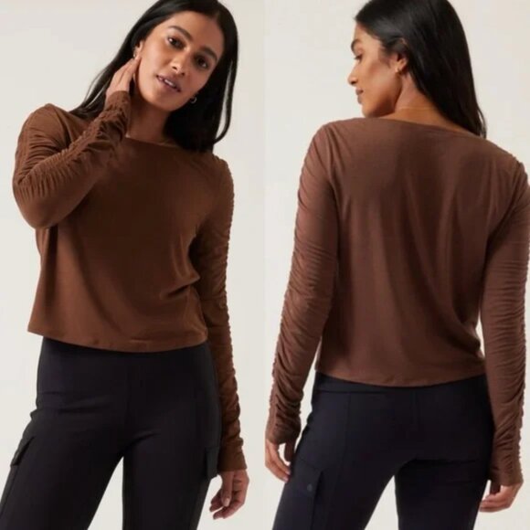 Athleta All Around Ruched Sleeve Crop Top Mahogany Brown Mocha Boat Neck Large - Picture 1 of 7